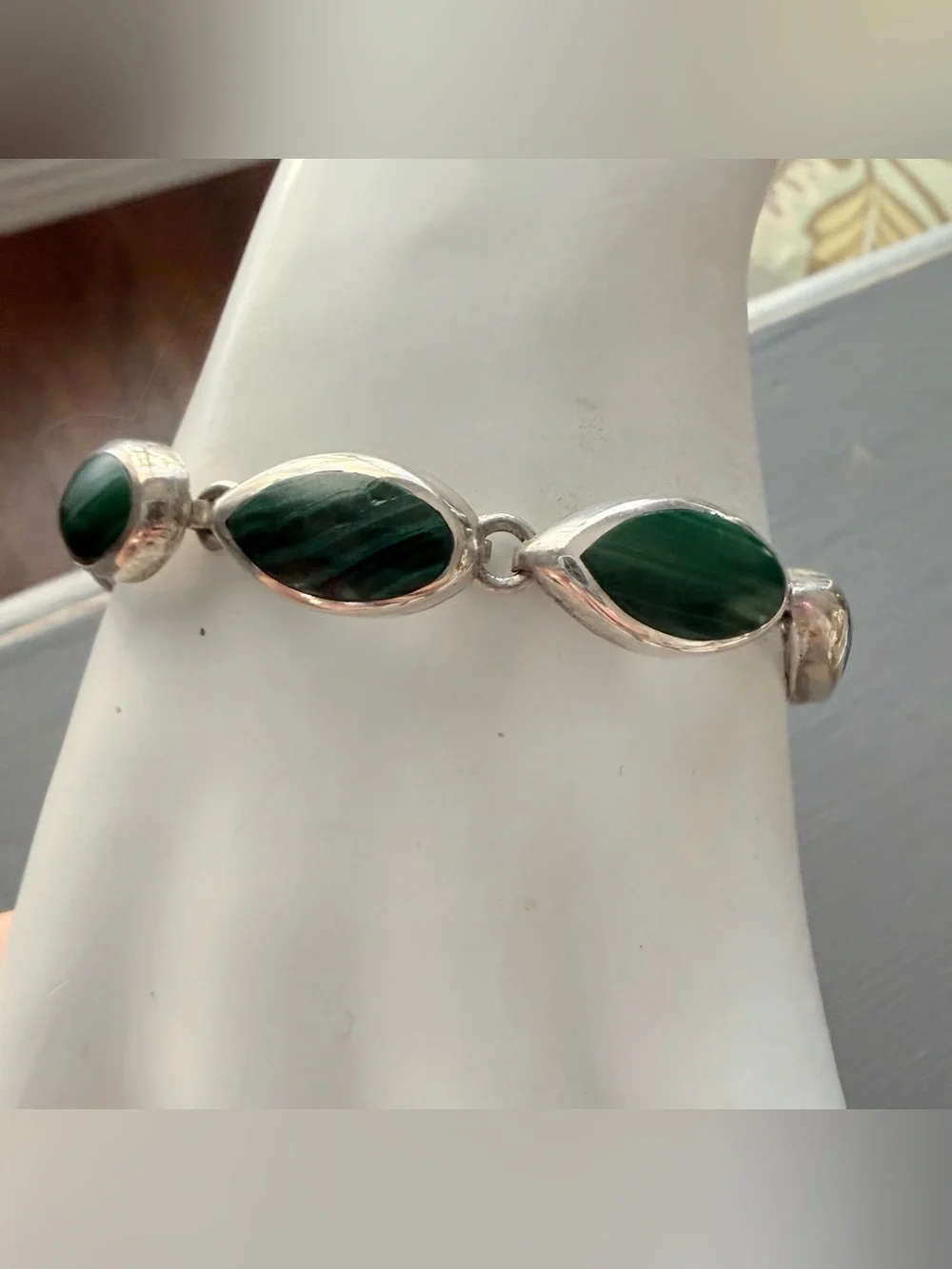 Taxco Mexico Malachite Stone Sterling Silver Chunky Bracelet
